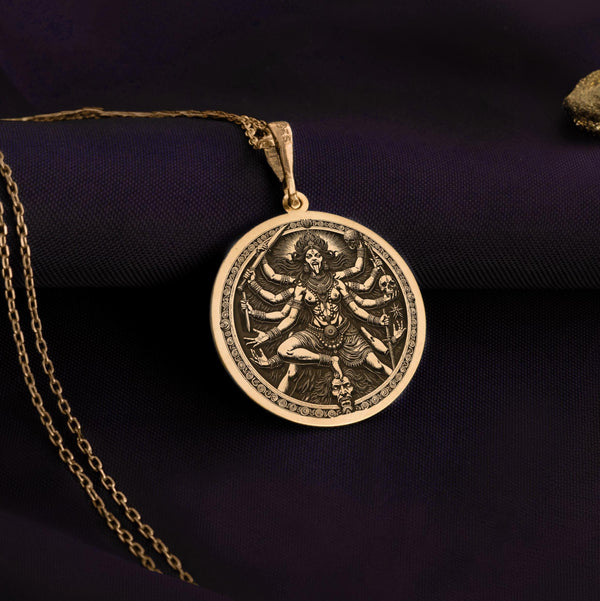 Gold Kali Maa necklace featuring a handcrafted Hindu goddess pendant for spiritual protection. Ideal for temple jewelry lovers and daily devotion.&quot;