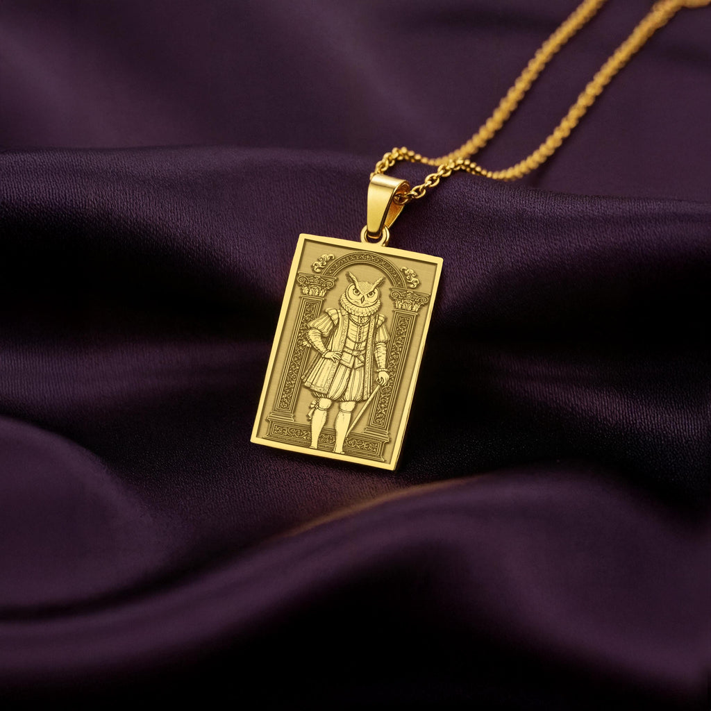 A personalized 14K gold plated owl portrait pendant in a tarot card style. This dark academia jewelry features a scholarly woodland creature, a perfect gift for a teacher or book lover.