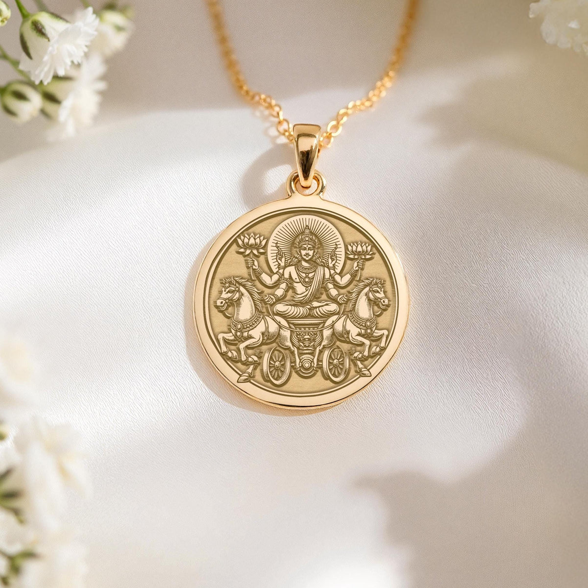 Surya Sun God with Seven Horses Chariot Pendant | 14K Gold & Silver Options - Ancient Mythology Cosmic Energy