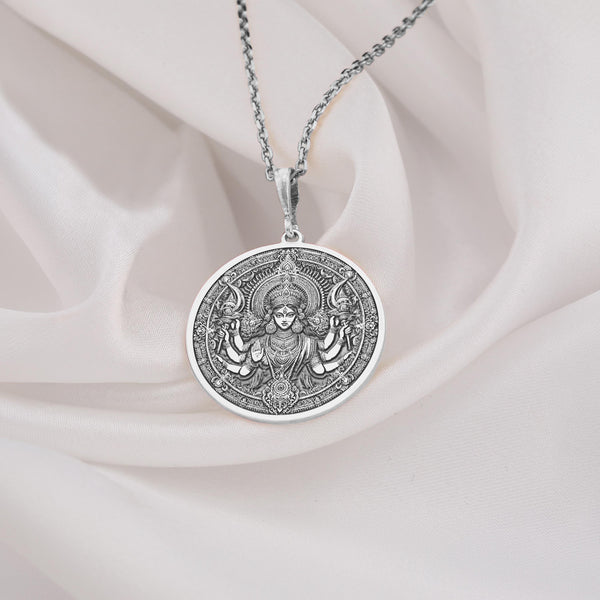 Sterling Silver Durga Talisman, beautifully crafted to symbolize divine protection and courage. A perfect spiritual accessory for women.