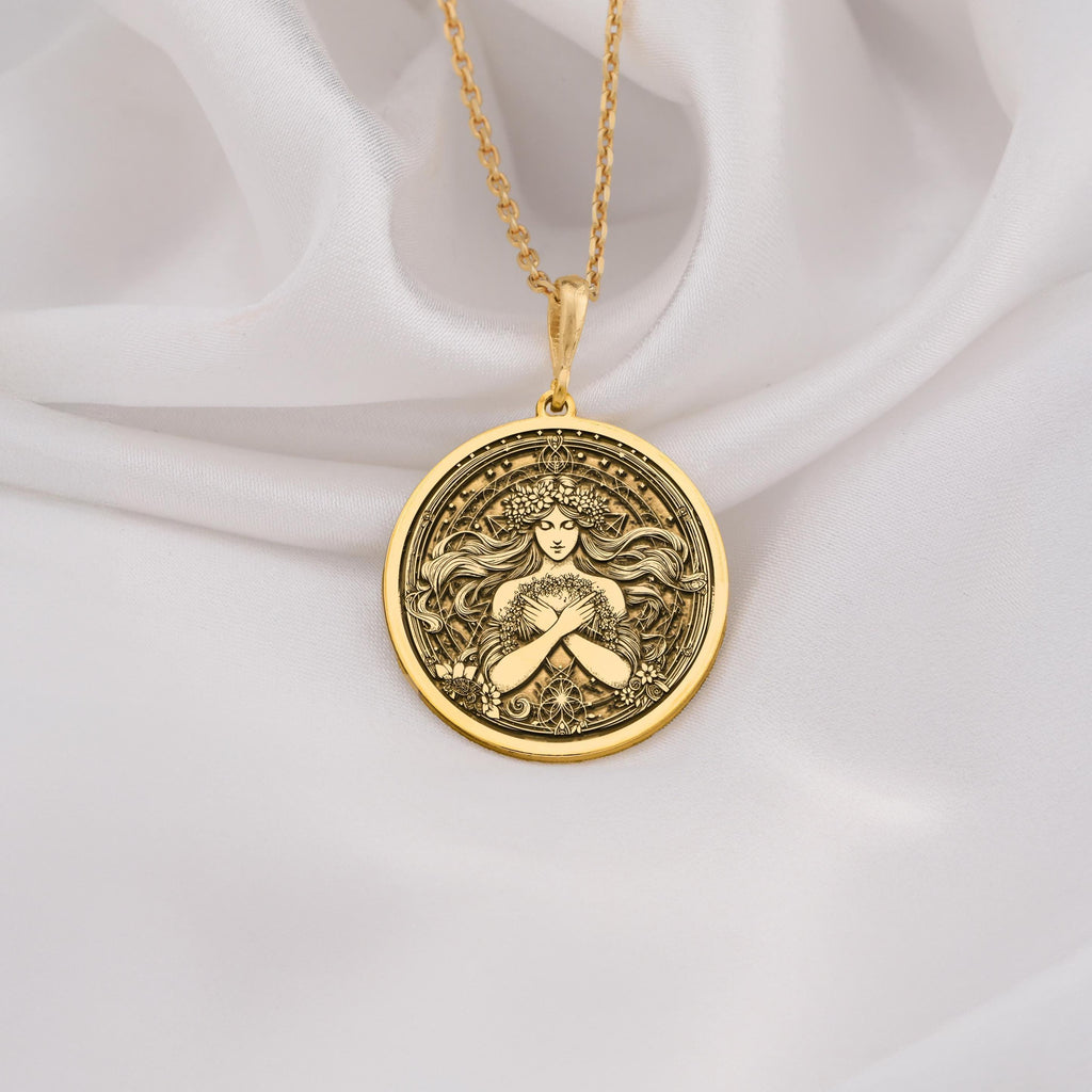 Harmonia Goddess Medallion Necklaces 14K 14K Gold Plated pendant necklace featuring an ornate classical face design with scrollwork.