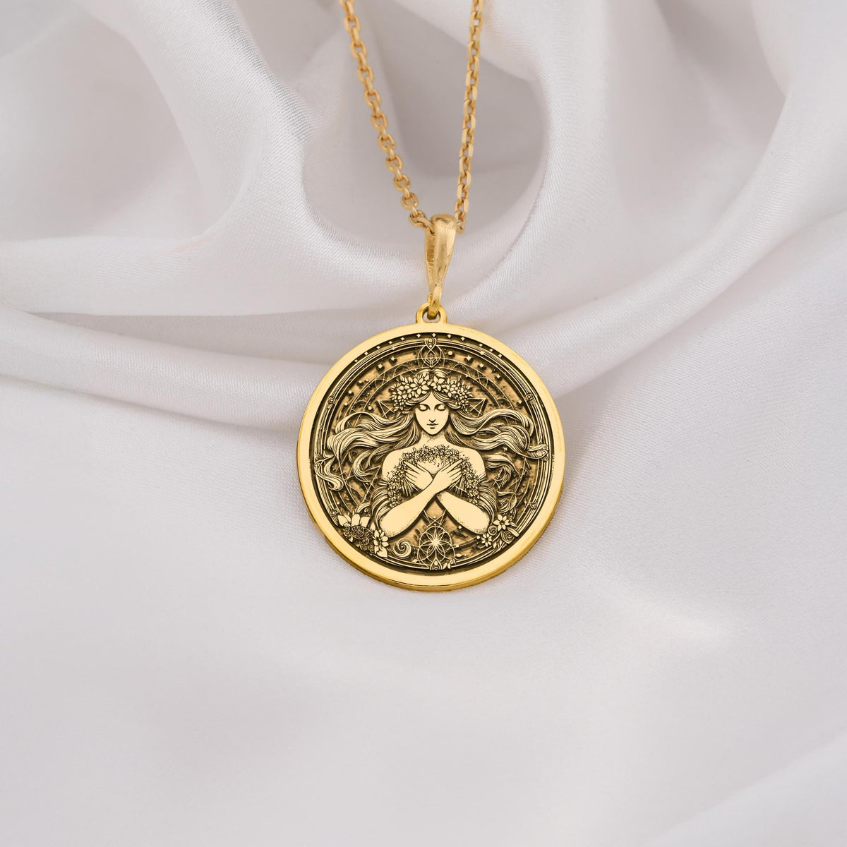 Harmonia Goddess Medallion Necklaces 14K 14K Gold Plated pendant necklace featuring an ornate classical face design with scrollwork.