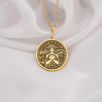 Harmonia Goddess Medallion Necklaces 14K 14K Gold Plated pendant necklace featuring an ornate classical face design with scrollwork.