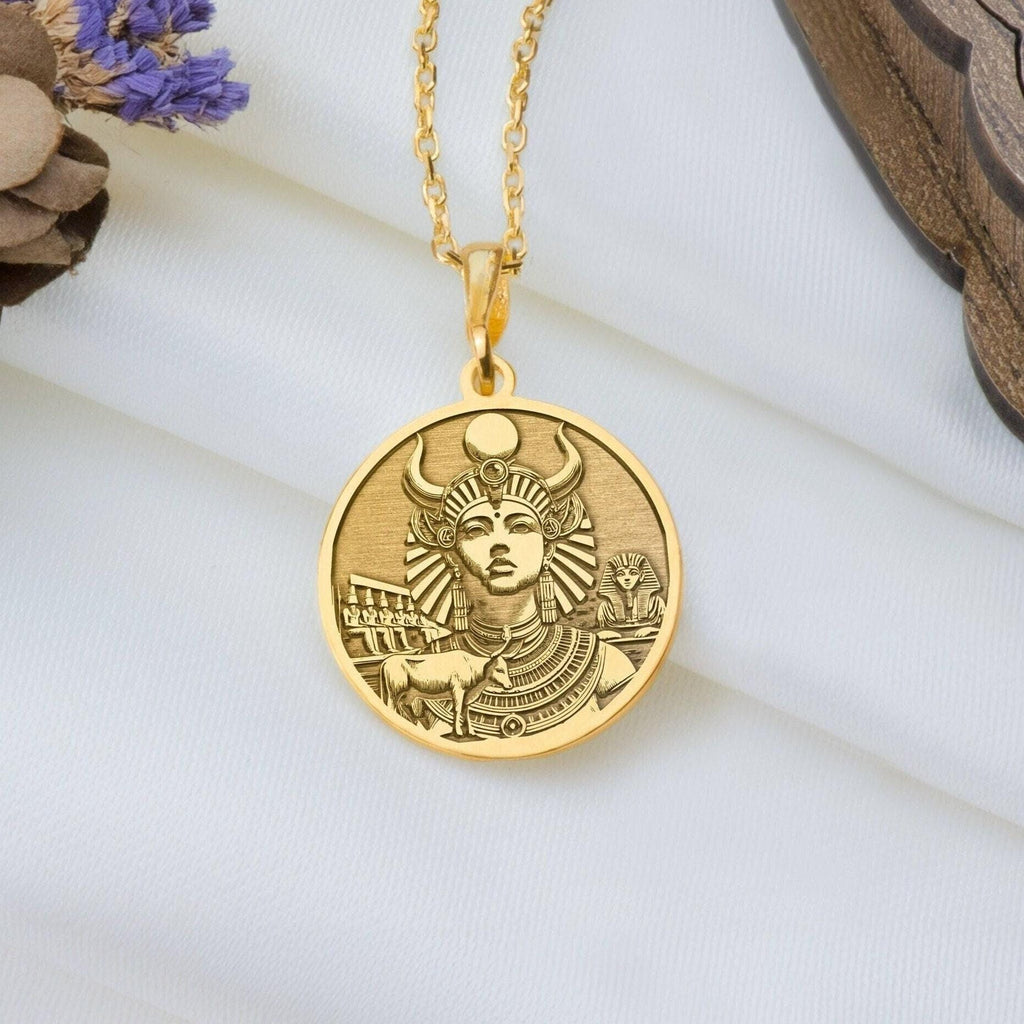 Hathor necklace, Egyptian jewelry, Goddess pendant, Gold Hathor charm, Egyptian goddess, daughter of Ra, Hathor gold necklace, Ancient Egypt charm, Gold goddess charm, Love goddess pendant, Fertility symbol charm, Hathor gold pendant.