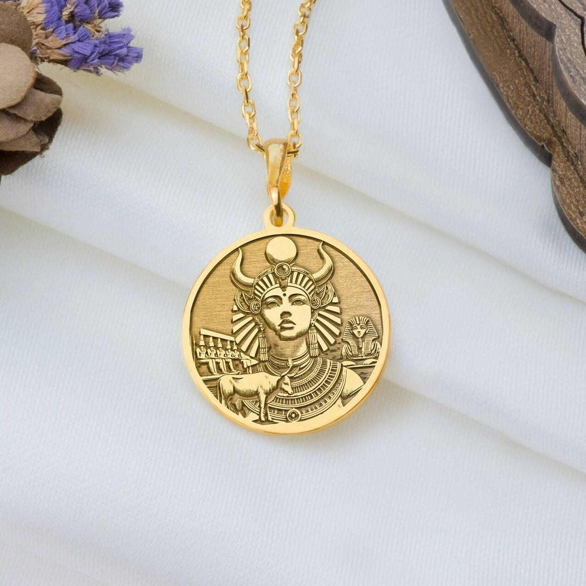Hathor necklace, Egyptian jewelry, Goddess pendant, Gold Hathor charm, Egyptian goddess, daughter of Ra, Hathor gold necklace, Ancient Egypt charm, Gold goddess charm, Love goddess pendant, Fertility symbol charm, Hathor gold pendant.