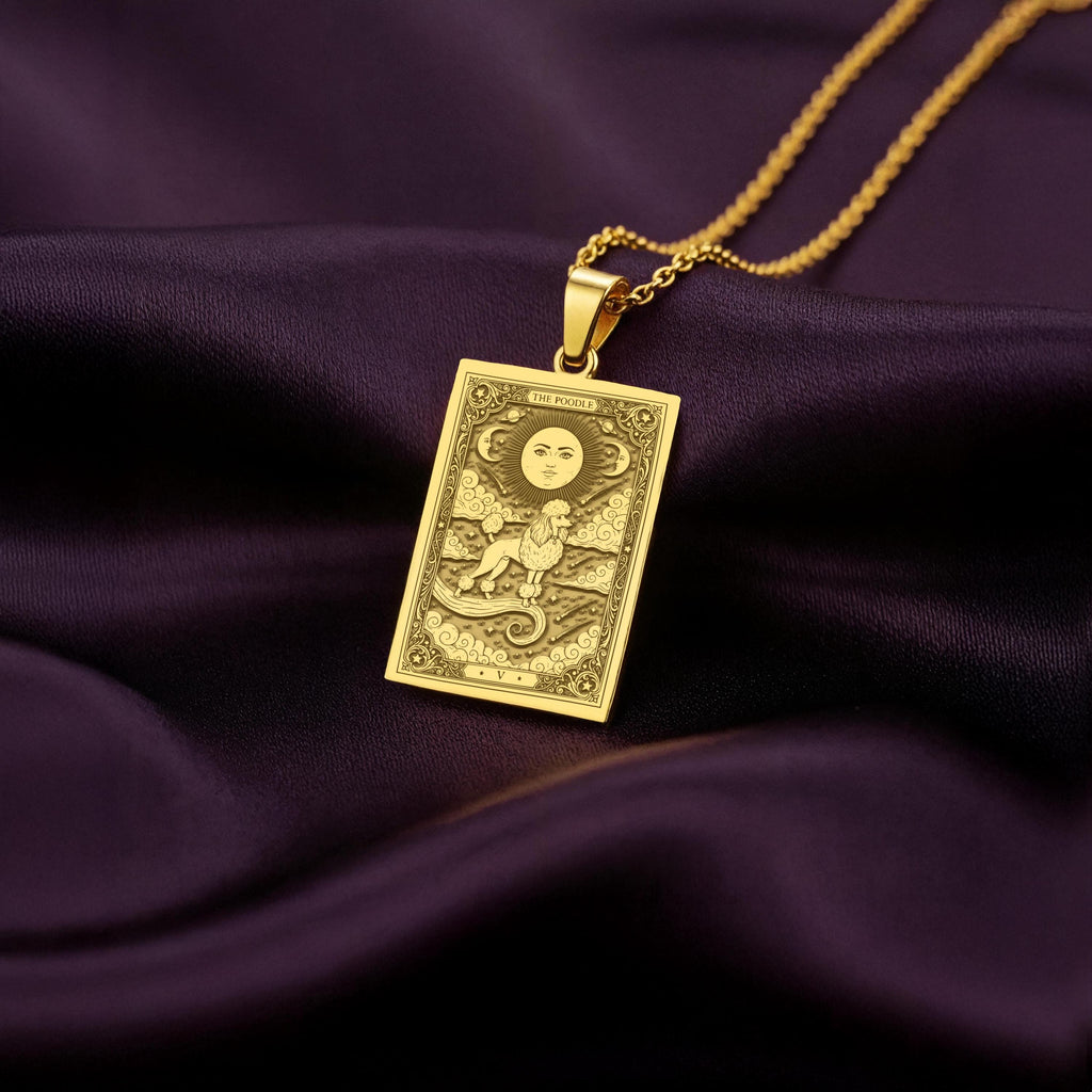 A polished 14K solid gold Poodle medallion. This fine pet jewelry represents the breed's intelligence and pride, making it a perfect Poodle lover gift.
