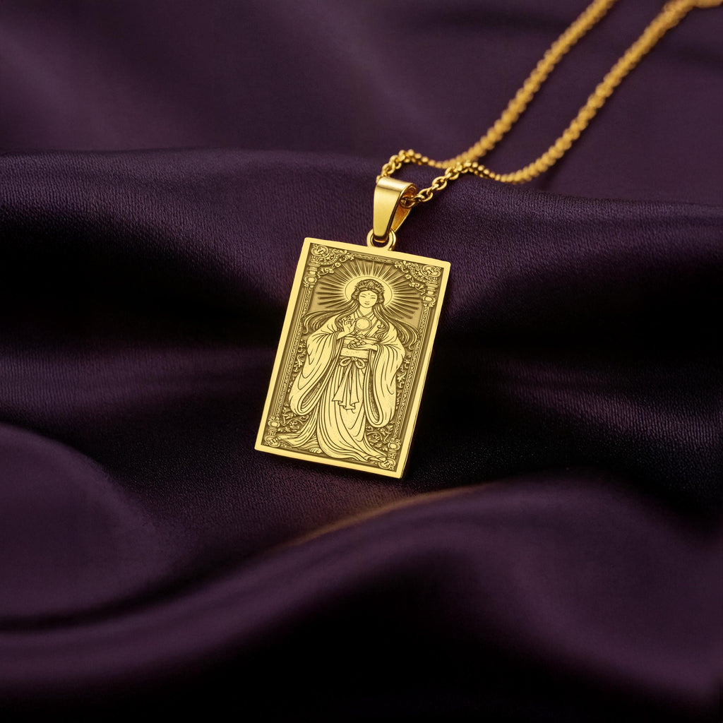 A personalized 14K gold plated Amaterasu tarot card pendant celebrating the supreme kami of Shintoism. The engraved design is rich with detail, making this a perfect spiritual gift for an admirer of Japanese mythology.