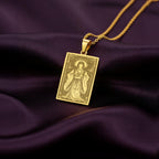 A personalized 14K gold plated Amaterasu tarot card pendant celebrating the supreme kami of Shintoism. The engraved design is rich with detail, making this a perfect spiritual gift for an admirer of Japanese mythology.