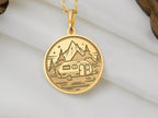 14K Solid Gold Camping Charm Necklace, Nature Silver Pendant, Rose Gold Fire Necklace, Camping Jewelry, Caravan Medallion, Relaxing Charm