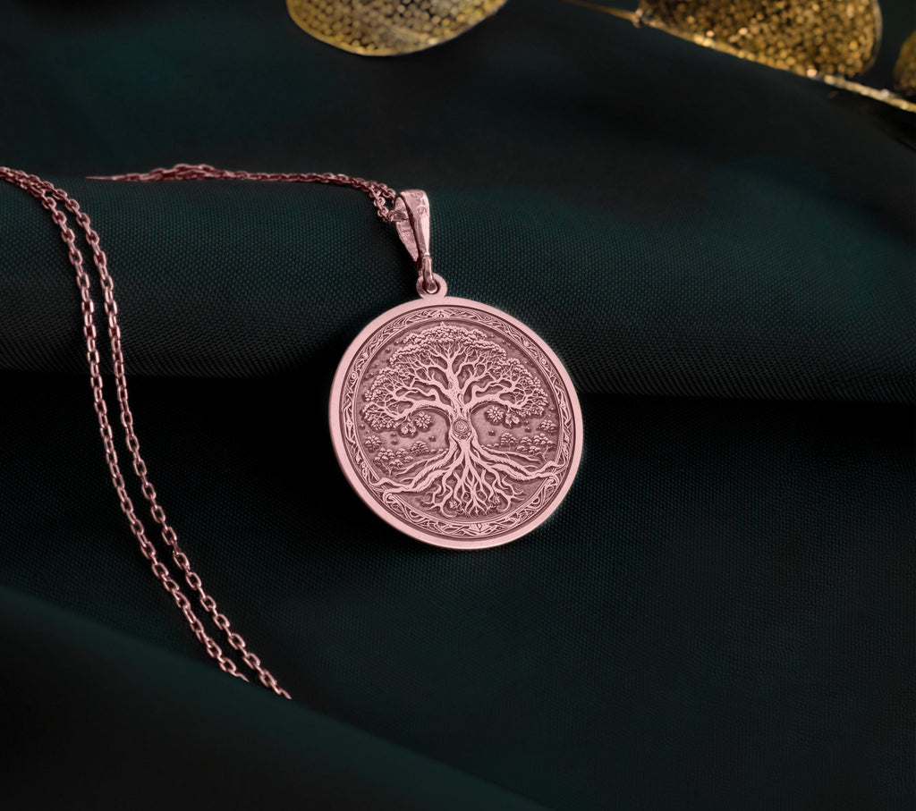 Rose Gold Tree of Life Pendant, Rose Gold Yggdrasil Necklace, Rose Gold Bodhi Tree Jewelry, Rose Gold Tree of Knowledge Charm, Rose Gold Kalpavriksha Pendant, Rose Gold Spiritual Necklace, Rose Gold Cosmic Tree, Rose Gold Symbolic Growth Charm