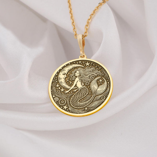Mermaid sea siren pendant necklace crafted in 14K solid gold, featuring an intricate mermaid and moon design. Perfect for ocean lovers and celestial jewelry enthusiasts. Elegant gift for birthdays, anniversaries, or special occasions.