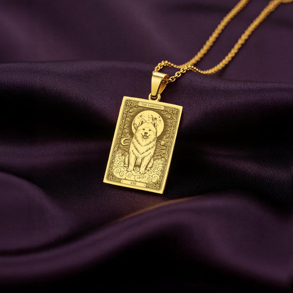A polished 14K solid gold Samoyed medallion. This fine pet jewelry represents the breed's "smiling" nature, making it a perfect Sammy lover gift.