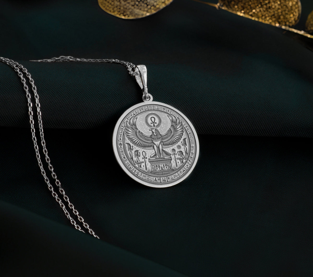 14K Solid Gold Horus Charm Necklace, Horus Silver Pendant, Rose Gold Horus Necklace, Egyptian Jewelry, Falcon Medallion, Eye Of Horus Charm