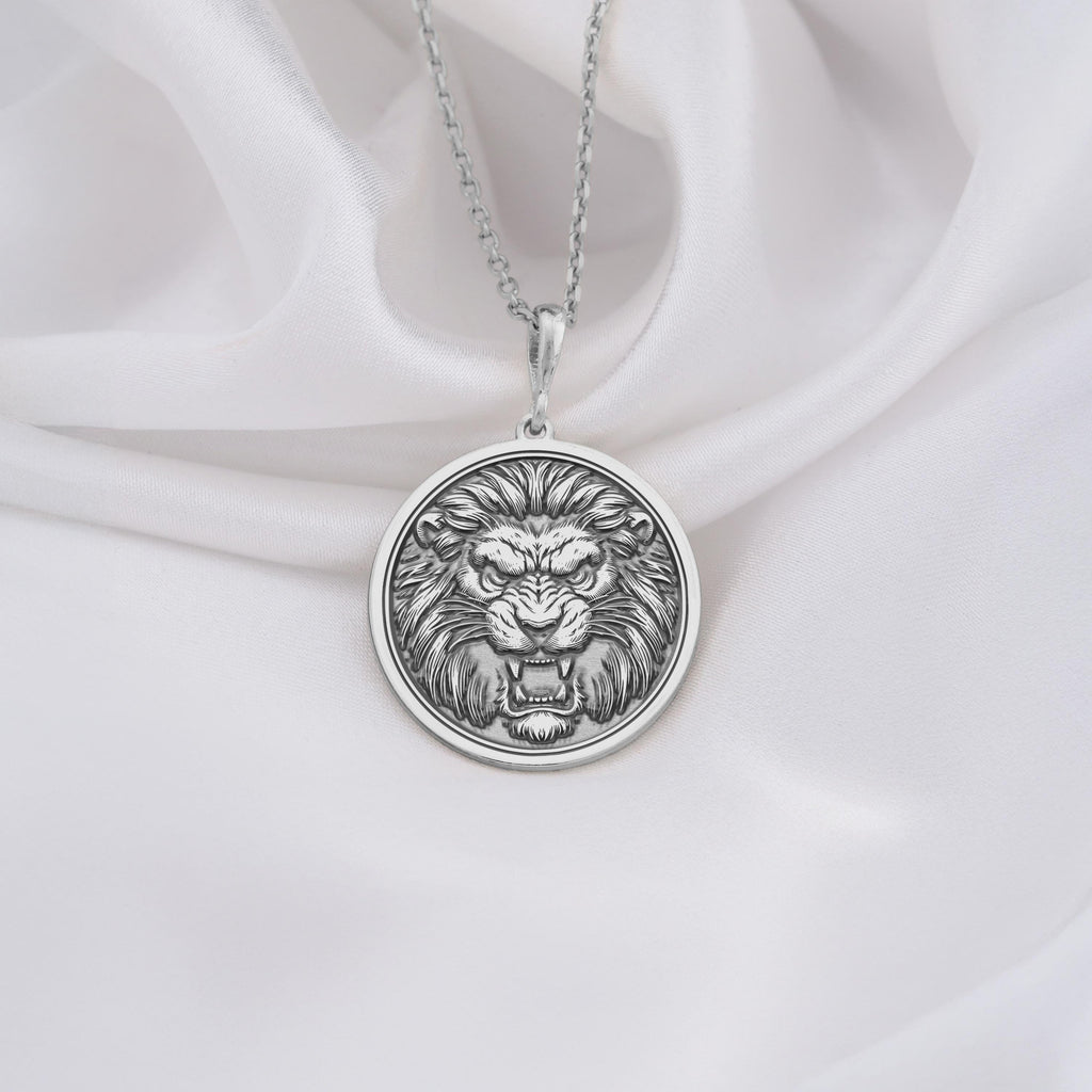 Handmade Jungle King Lion Pendant Necklaces 925 925 Sterling Silver lion face pendant necklace with round shape and detailed engraving.