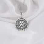Handmade Jungle King Lion Pendant Necklaces 925 925 Sterling Silver lion face pendant necklace with round shape and detailed engraving.