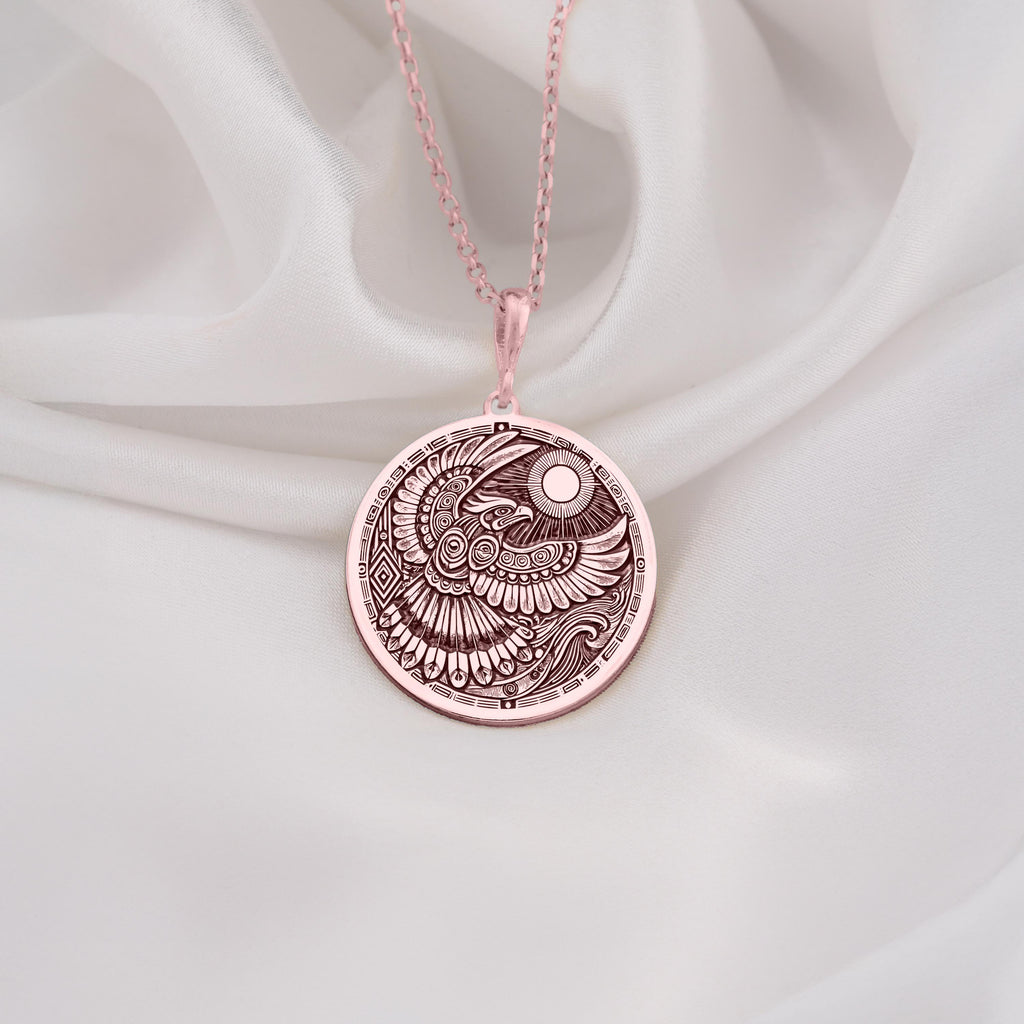 Rose Gold Plated Thunderbird Necklace with a tribal totem design. Represents protection, mysticism, and strength. Handmade jewelry, a spiritual amulet perfect for meaningful gifts and everyday elegance.
