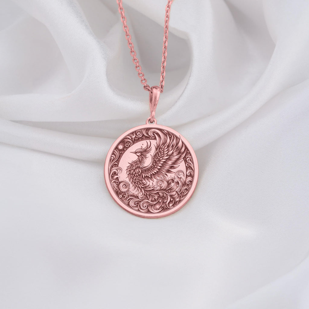 Rose Gold Phoenix Necklace, Phoenix Pendant Rose Gold, Rebirth Symbol Jewelry, Phoenix Rising Charm, 14k Rose Gold Phoenix, Spiritual Phoenix Jewelry, Mythical Bird Pendant,  Phoenix Amulet, Phoenix Medallion, Sacred Phoenix Necklace, Phoenix Totem