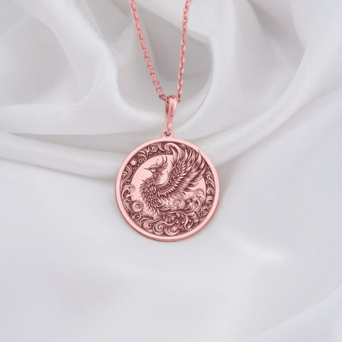 Rose Gold Phoenix Necklace, Phoenix Pendant Rose Gold, Rebirth Symbol Jewelry, Phoenix Rising Charm, 14k Rose Gold Phoenix, Spiritual Phoenix Jewelry, Mythical Bird Pendant,  Phoenix Amulet, Phoenix Medallion, Sacred Phoenix Necklace, Phoenix Totem
