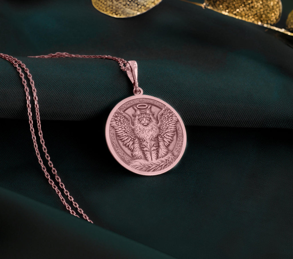 Rose Gold Plated Maine Coon Angel Pendant with memorial design. Warm-toned large cat breed medallion with detailed wings, halo and distinctive features. Rainbow bridge jewelry celebrating eternal love and connection, perfect for grieving cat parents.