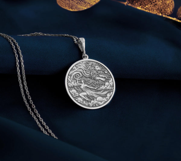 Leo Woman Pendant Elegant Zodiac Lion Necklace for Astrology Lovers, Personalized Leo Zodiac Charm Necklace in Silver Perfect Gift for Leo Women, Silver Lion Medallion Necklace for Leo Women Astrology and Horoscope Jewelry,