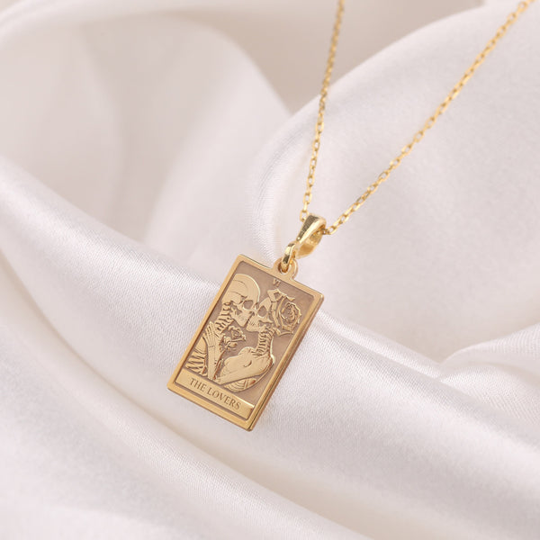14K Solid Gold The Lovers Tarot Necklace, Tarot Gift for Couple, Skeleton Lovers Gold Pendant, Silver Tarot Charm, Romantic jewelry gift