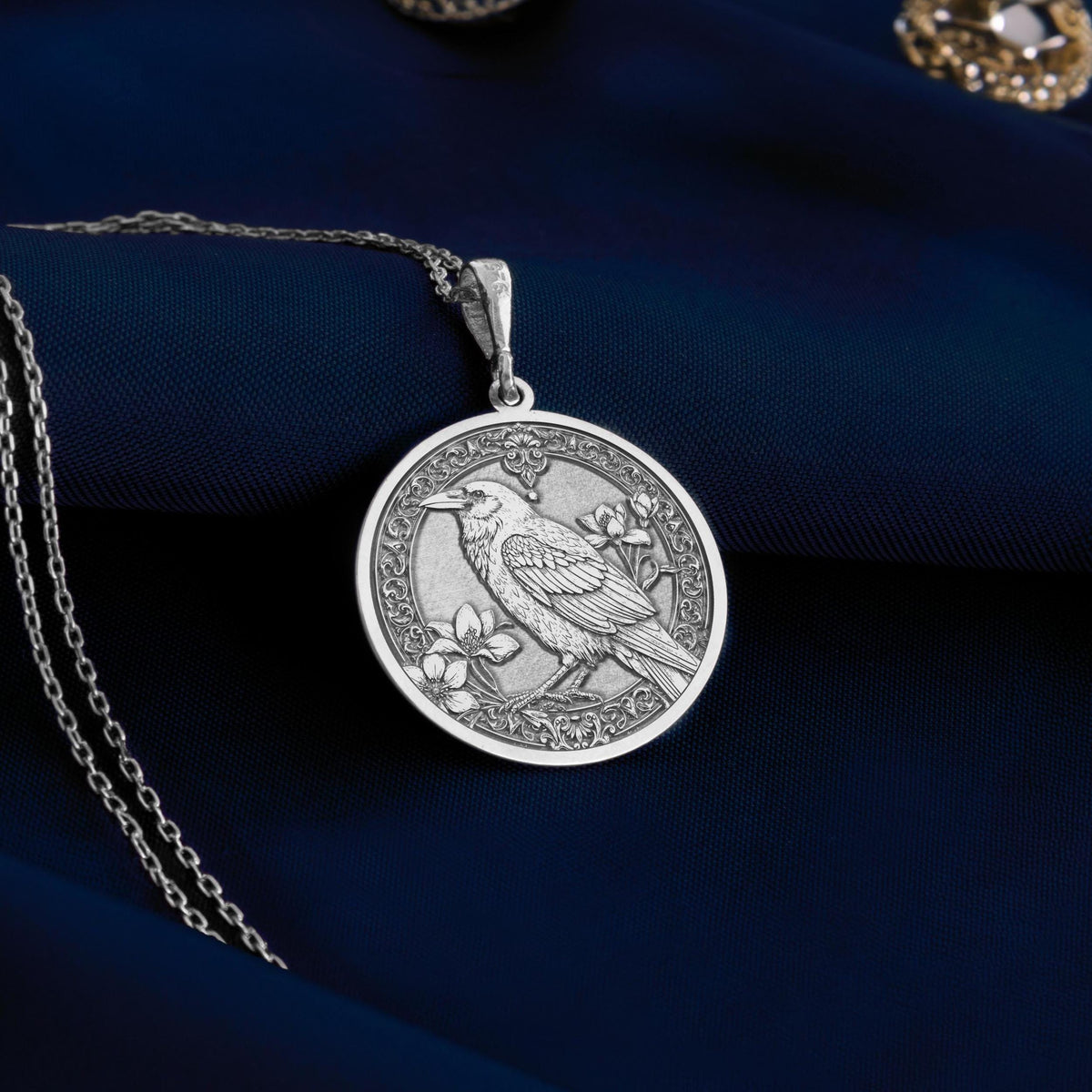 Unique silver Raven bird pendant necklace , gothic bird pendant jewelry, antique style crow medallion, bird medallion necklace, gothic raven pendant, raven totem necklace, crow familiar jewelry, black raven pendant, celtic raven bird jewelry, victorian style crow pendant