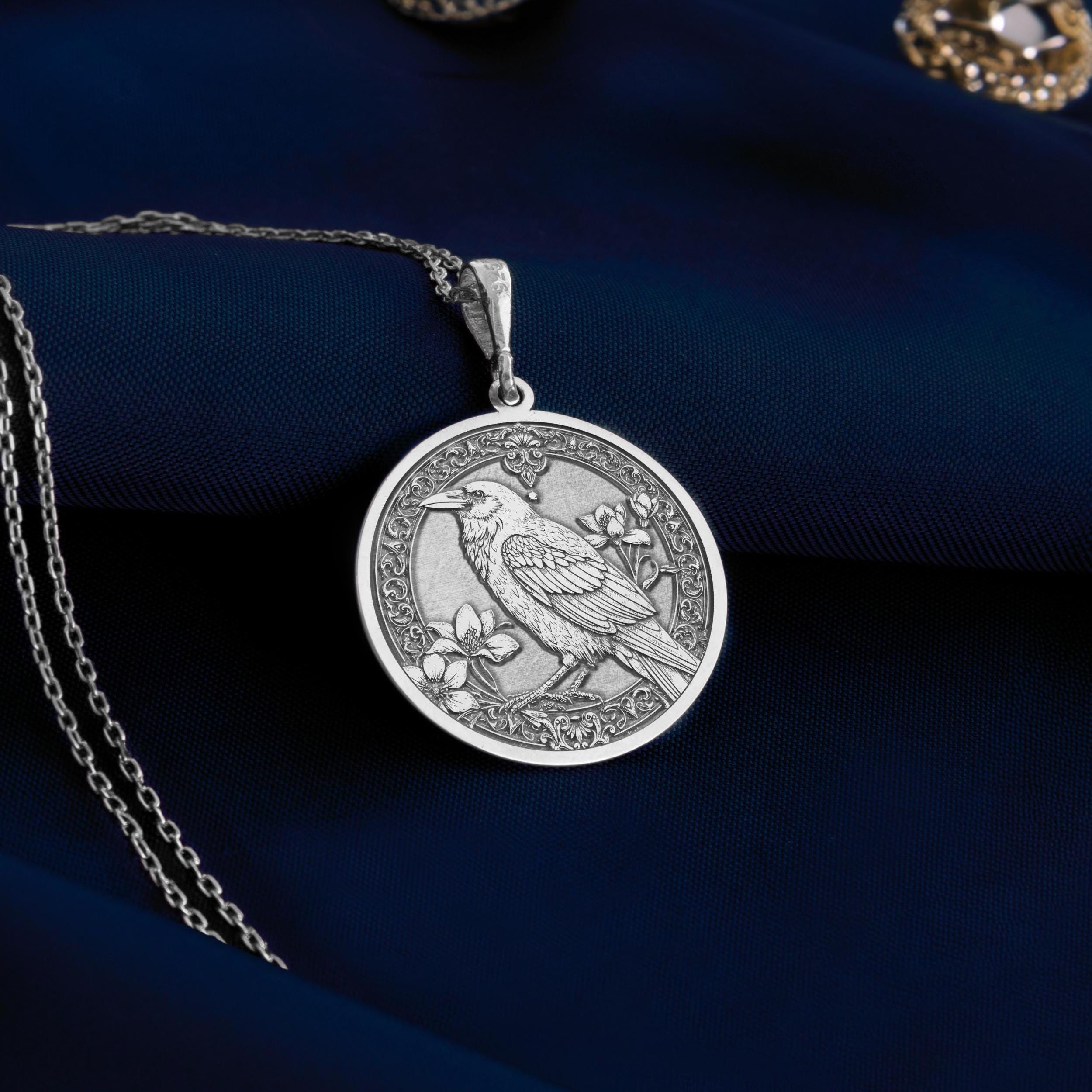 Unique silver Raven bird pendant necklace , gothic bird pendant jewelry, antique style crow medallion, bird medallion necklace, gothic raven pendant, raven totem necklace, crow familiar jewelry, black raven pendant, celtic raven bird jewelry, victorian style crow pendant