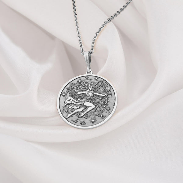 silver Sagittarius pendant for women, showcasing the archer&#39;s iconic symbol, perfect for astrology enthusiasts.