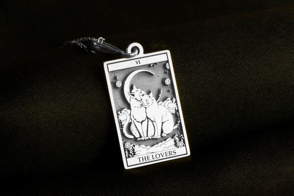 Silver Cat Lovers Tarot Necklace, The Lovers Cat Pendant, Silver Cat Tarot Charm, Feline Couple Necklace, Cat Tarot Card Jewelry, Cat Love Symbol Pendant, Zodiac Cat Lovers Necklace, Handmade Cat Tarot Pendant, Cat Couple Tarot Necklace