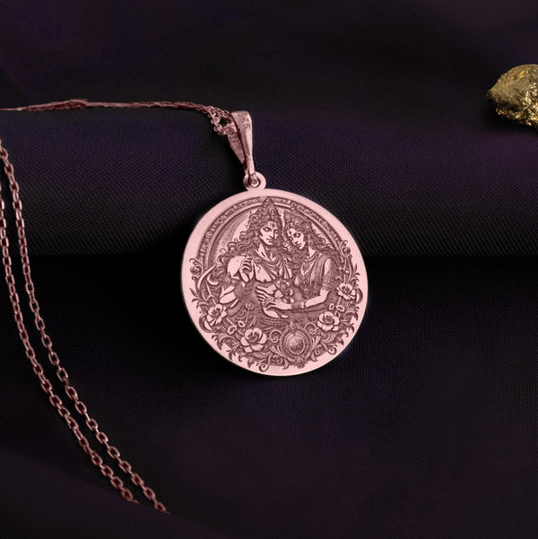 Rose gold-plated Shiva Parvati pendant necklace featuring a matte-finish temple motif and matching earrings set on a lightweight chain.