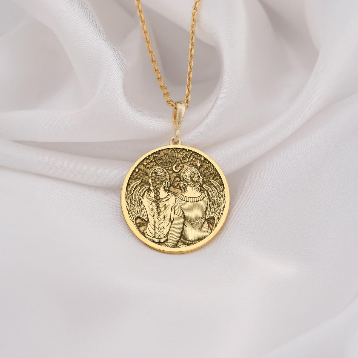Friendship Friendship Necklace Necklaces 14K 14K Gold Plated pendant necklace with two figures embracing design on a round medallion.