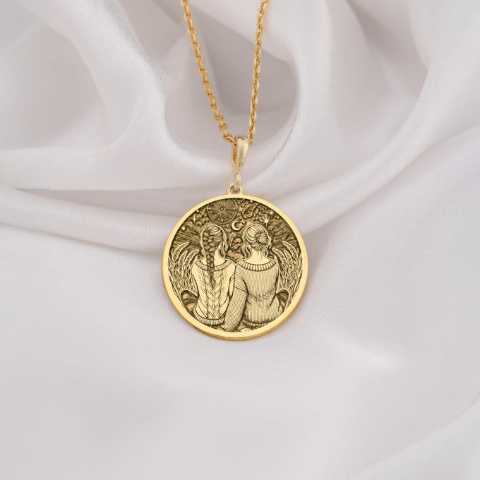 Friendship Friendship Necklace Necklaces 14K 14K Gold Plated pendant necklace with two figures embracing design on a round medallion.
