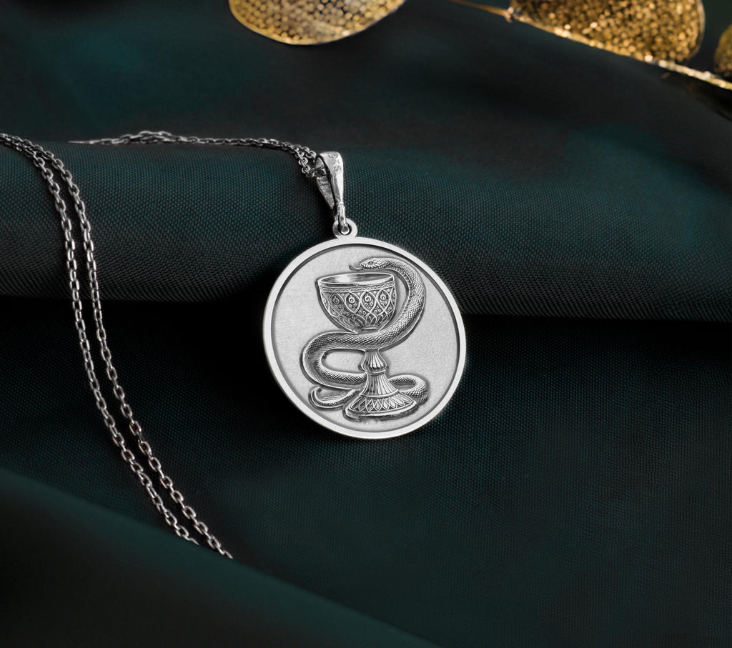 Bowl of Hygieia Necklace Pendants 925 925 Sterling Silver metal pendant with an ornate vessel and snake design necklace