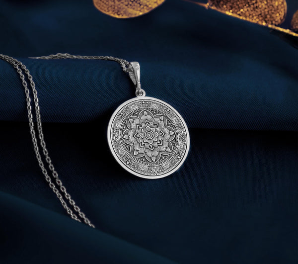 Sterling Silver Mandala Necklace featuring a chic and minimalist design. Perfect for women who appreciate timeless jewelry. Great for gifting on special occasions like birthdays, anniversaries, or holidays. Handmade with durable and elegant silver.