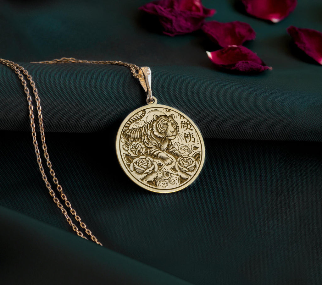 14K Gold Plated Tiger Pendant Necklace with intricate floral accents. A versatile accessory for men and women, ideal as a gift for animal lovers, Chinese Zodiac fans, or anyone who loves elegant, handcrafted jewelry.