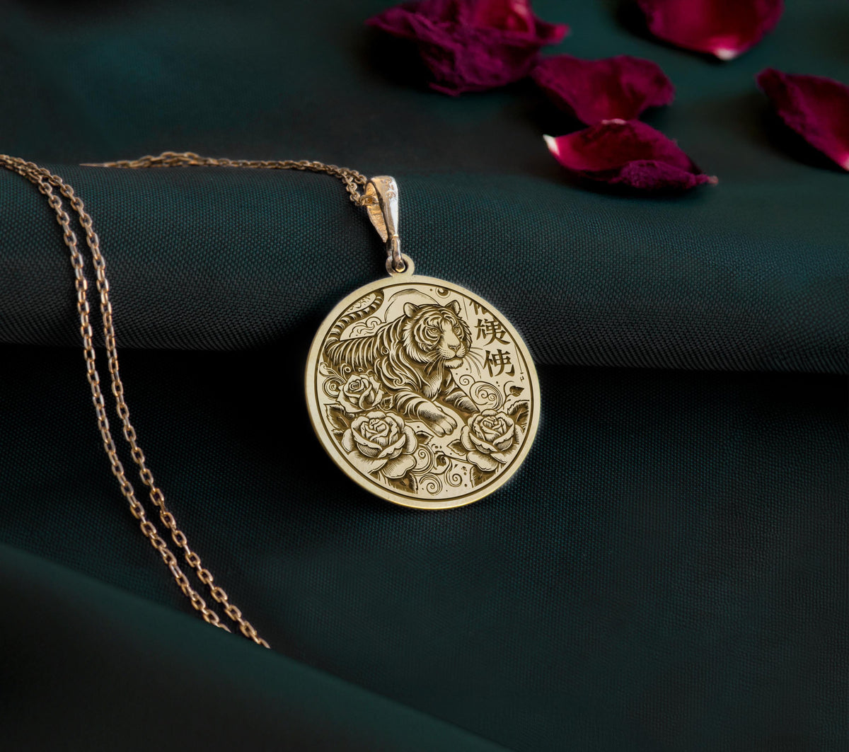 14K Gold Plated Tiger Pendant Necklace with intricate floral accents. A versatile accessory for men and women, ideal as a gift for animal lovers, Chinese Zodiac fans, or anyone who loves elegant, handcrafted jewelry.