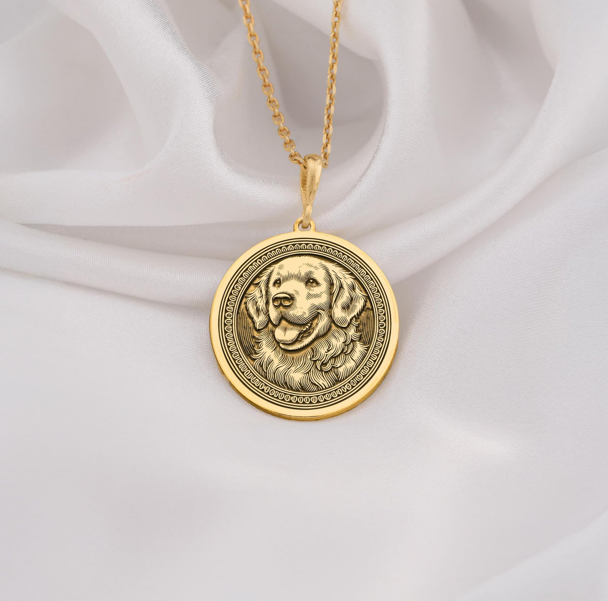 Golden Retriever Dog Pendant Necklace Necklaces 14K 14K Gold Plated dog portrait round pendant necklace with detailed engraving.