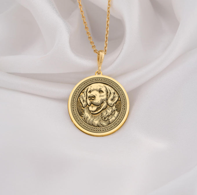 Golden Retriever Dog Pendant Necklace Necklaces 14K 14K Gold Plated dog portrait round pendant necklace with detailed engraving.