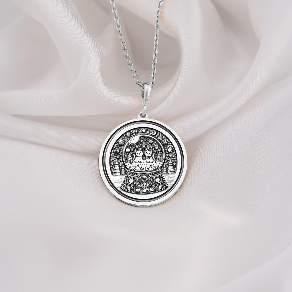 925 sterling silver snow globe necklace with two cats in a whimsical charm design. A thoughtful, handmade gift for cat lovers, ideal for birthdays, holidays, or everyday wear