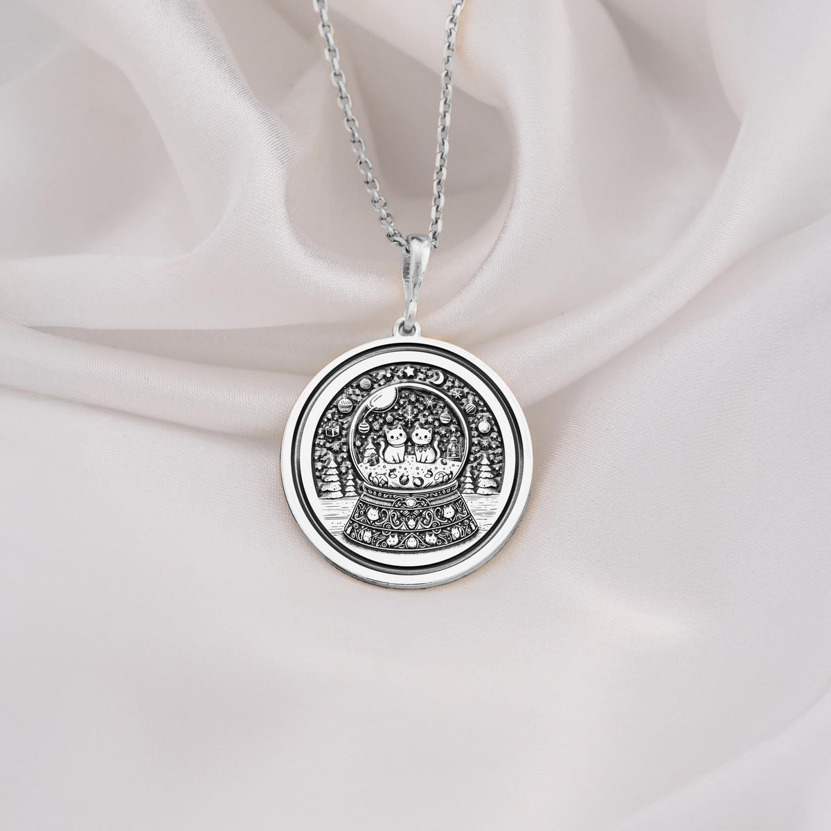 925 sterling silver snow globe necklace with two cats in a whimsical charm design. A thoughtful, handmade gift for cat lovers, ideal for birthdays, holidays, or everyday wear