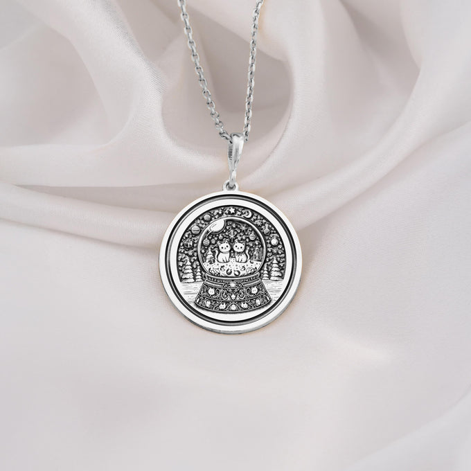 925 sterling silver snow globe necklace with two cats in a whimsical charm design. A thoughtful, handmade gift for cat lovers, ideal for birthdays, holidays, or everyday wear