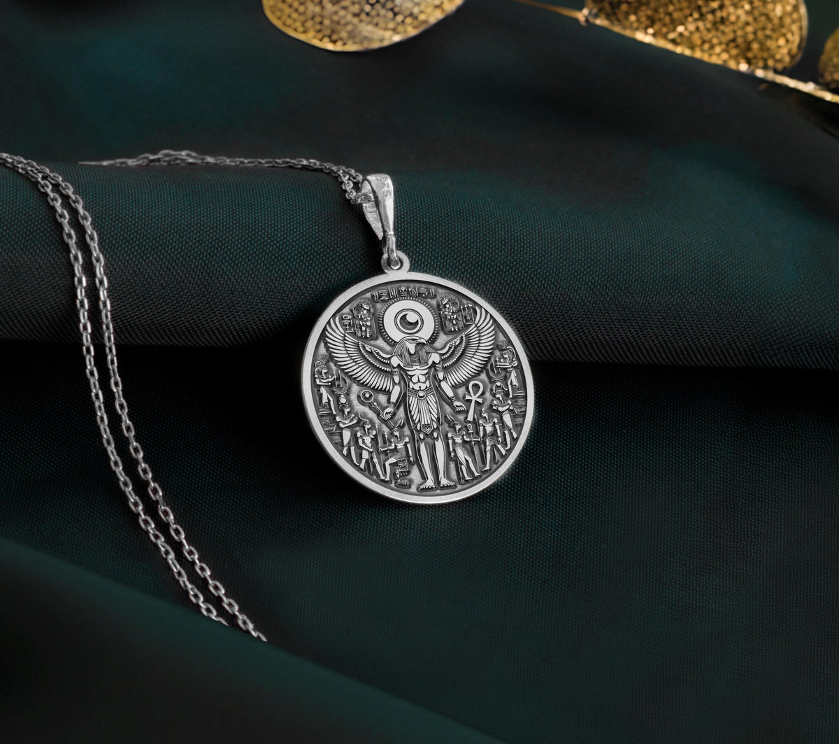 925 Sterling Silver Ra Necklace with an intricate Egyptian winged design. A mystical talisman pendant representing power and protection. Ideal for mythology enthusiasts, a meaningful and timeless piece of jewelry.