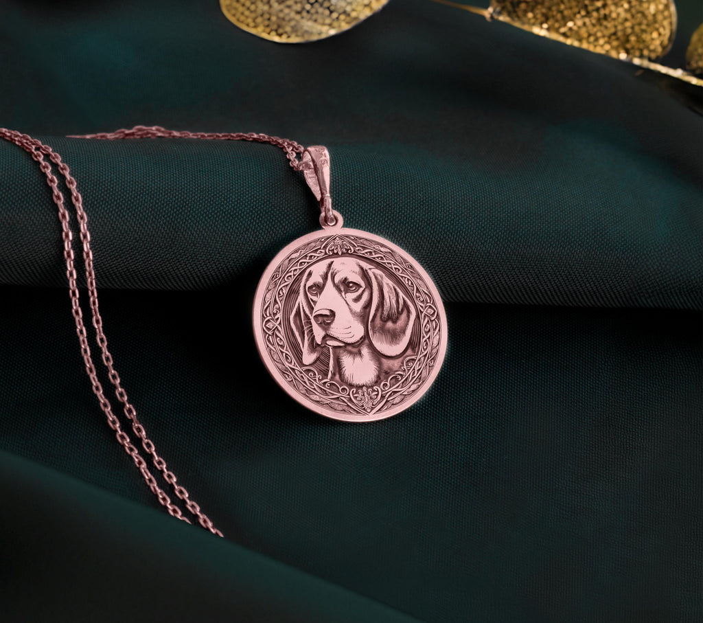 Charming Rose Gold Plated Beagle pendant necklace with fine detailing. A thoughtful dog lover gift, blending elegance and style for pet owners. Perfect for daily wear or special occasions, showcasing refined craftsmanship.