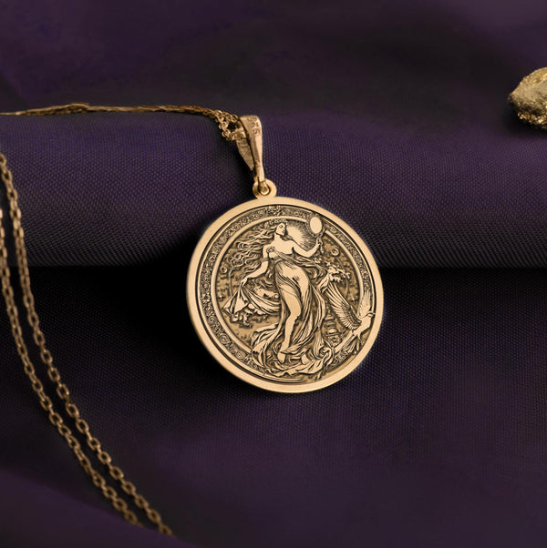 Venus Aphrodite gold necklace pendant the Greek goddess of love and beauty, is exquisitely captured in this 14K Solid Gold Pendant. A symbol of femininity, romance, and divine allure, this handcrafted Greek mythology necklace radiates elegance and sophistication. With its polished gold finish and intricate details, this Aphrodite medallion is a timeless statement piece for lovers of goddess jewelry, making it a luxurious and meaningful gift.
