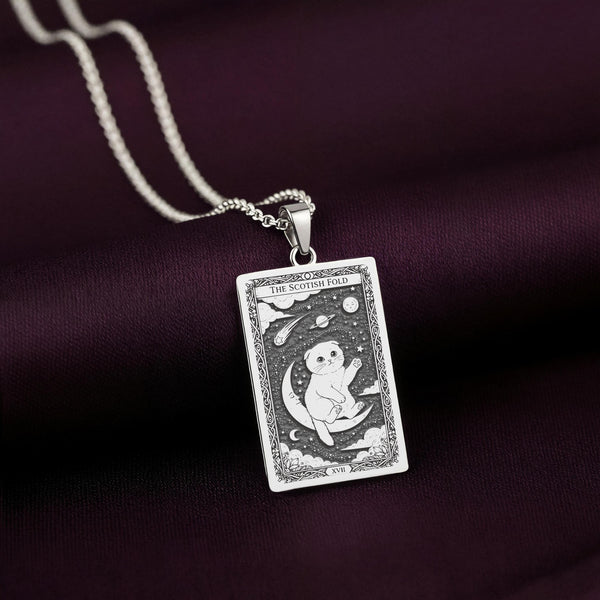 A striking 925 sterling silver Scottish Fold charm. The art shows the adorable cat, a meaningful piece of witchy jewelry for her.