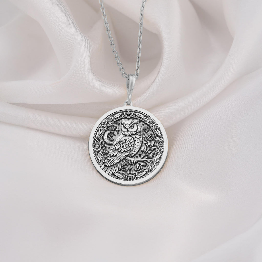 925 Sterling Silver Owl Pentagram Medallion showcasing wisdom bird with magical symbols. Detailed occult coin pendant with celestial elements and sacred star geometry. Premium pagan jewelry symbolizing intuitive sight and protective energy.
