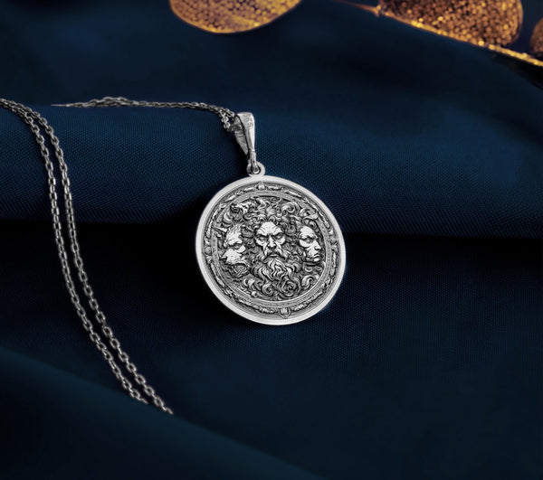 925 Sterling Silver Hades Necklace, Greek mythology-inspired pendant with Cerberus and Thanatos. Handmade unisex gothic jewelry, perfect for mythology lovers, statement fashion, and unique gift occasions.
