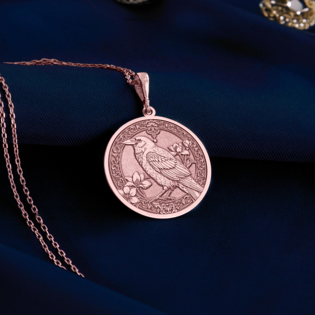 Unique rose Gold Raven bird pendant necklace , gothic bird pendant jewelry, antique style crow medallion, bird medallion necklace, gothic raven pendant, raven totem necklace, crow familiar jewelry, black raven pendant, celtic raven bird jewelry, victorian style crow pendant