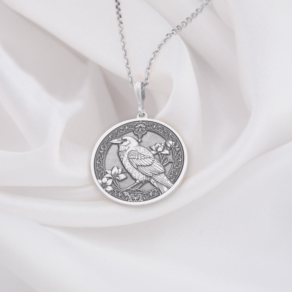 Unique silver Raven bird pendant necklace , gothic bird pendant jewelry, antique style crow medallion, bird medallion necklace, gothic raven pendant, raven totem necklace, crow familiar jewelry, black raven pendant, celtic raven bird jewelry, victorian style crow pendant