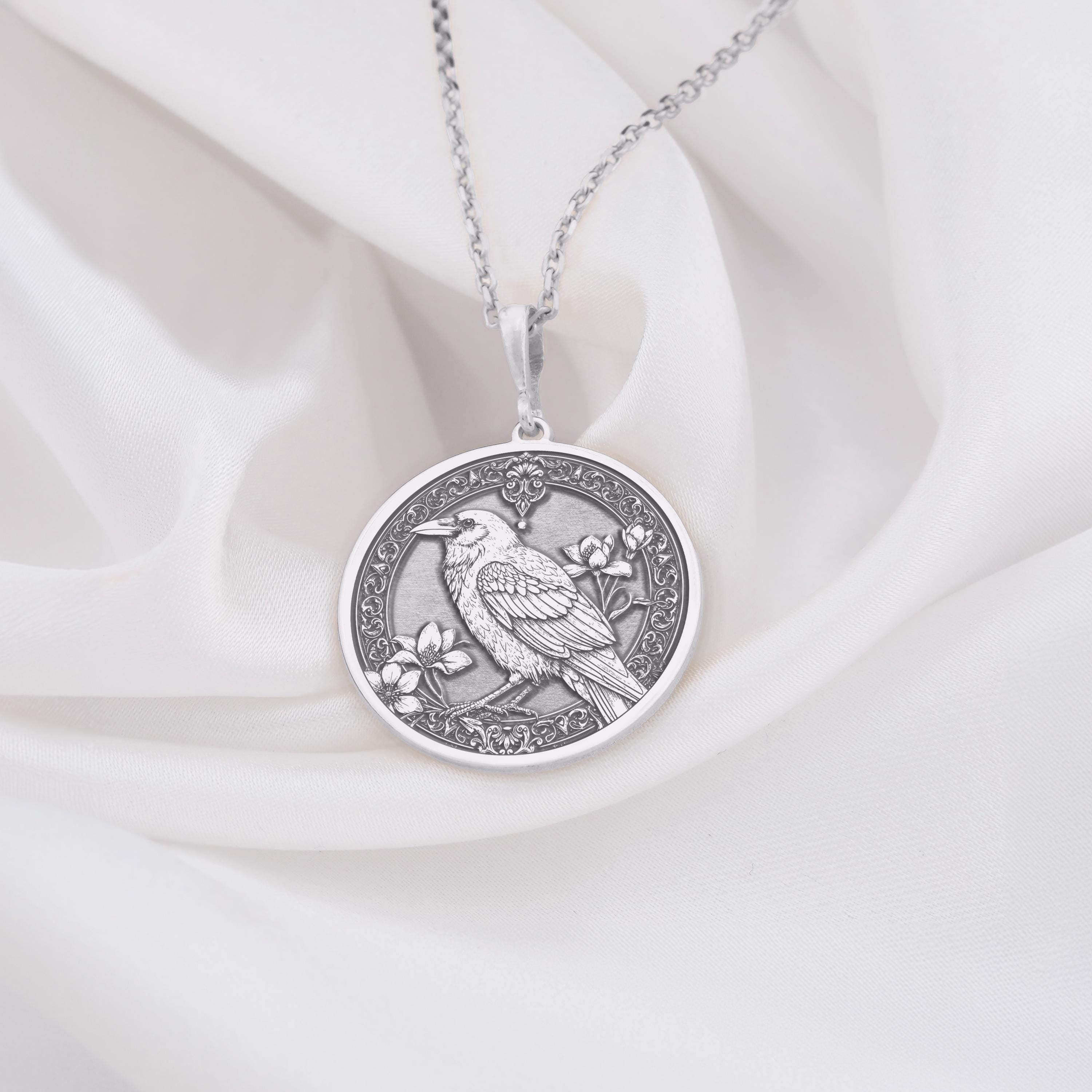 Unique silver Raven bird pendant necklace , gothic bird pendant jewelry, antique style crow medallion, bird medallion necklace, gothic raven pendant, raven totem necklace, crow familiar jewelry, black raven pendant, celtic raven bird jewelry, victorian style crow pendant